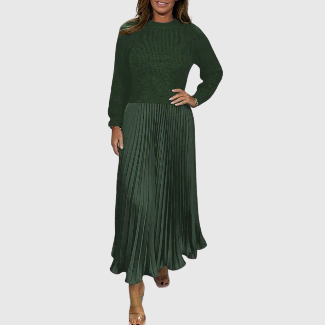 Adalyn - Women's Long Sleeve Knit Top Pleated Maxi Dress