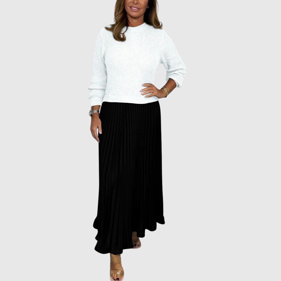 Adalyn - Women's Long Sleeve Knit Top Pleated Maxi Dress