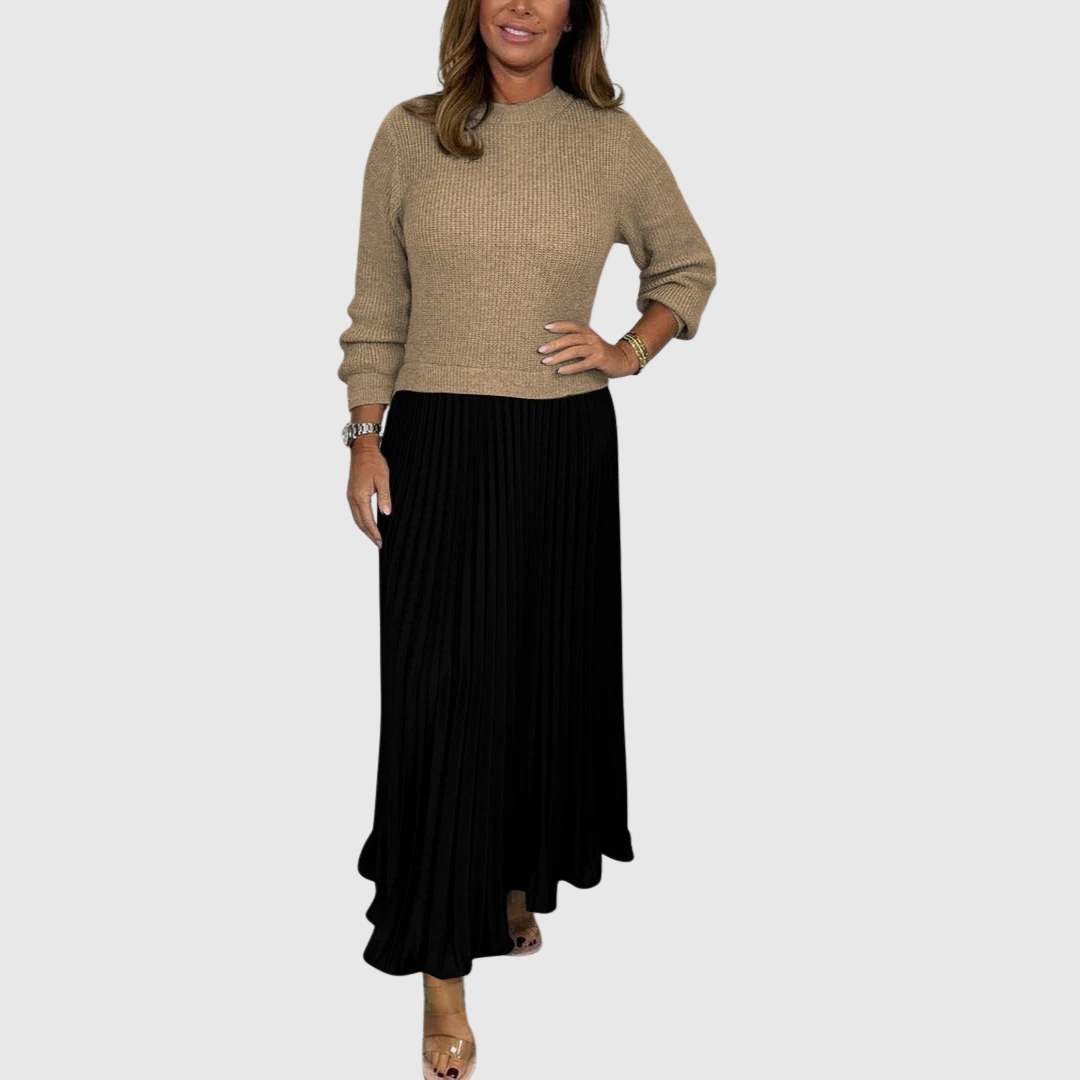 Adalyn - Women's Long Sleeve Knit Top Pleated Maxi Dress