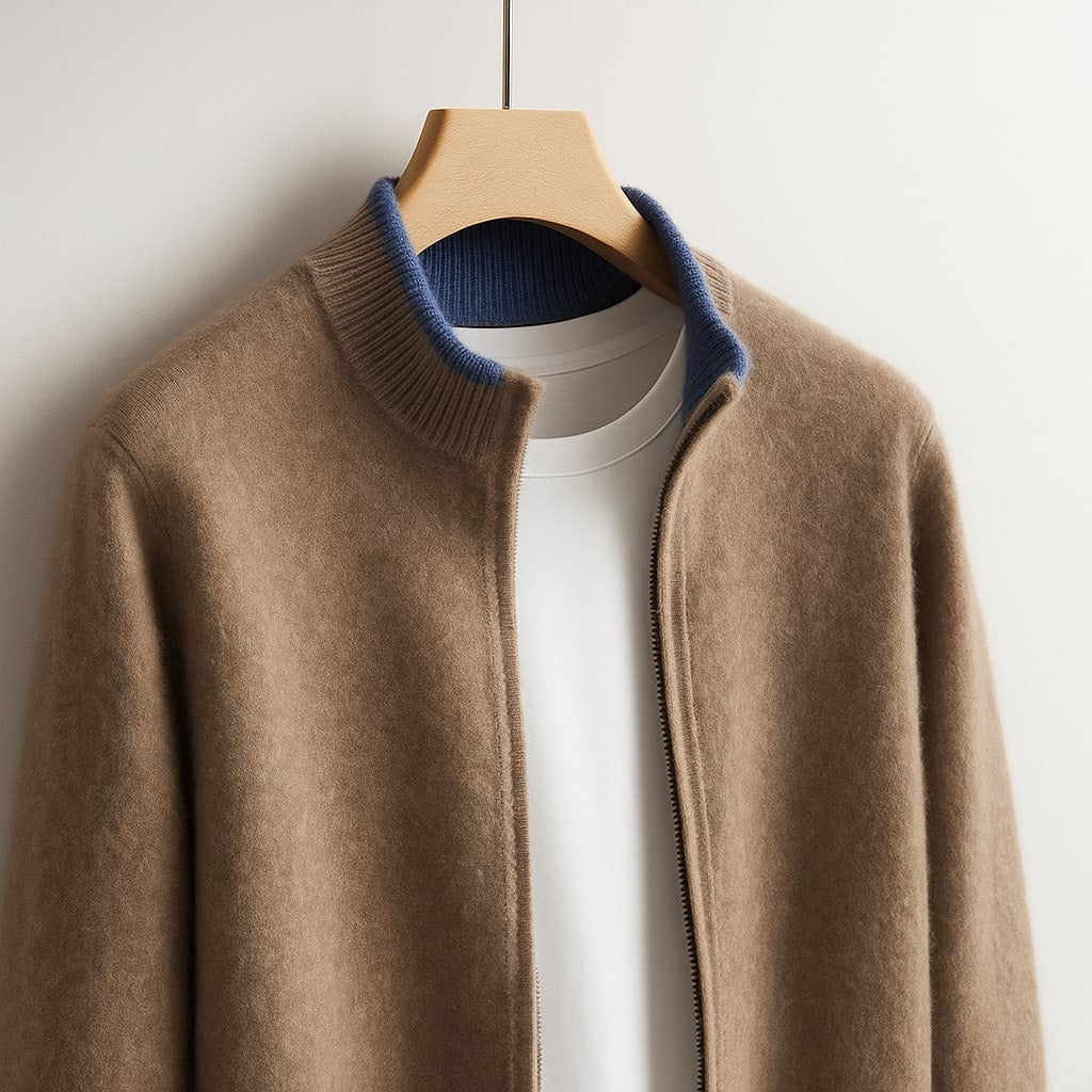 Adrien - Men's Merino Zip Jacket with Ribbed Trim