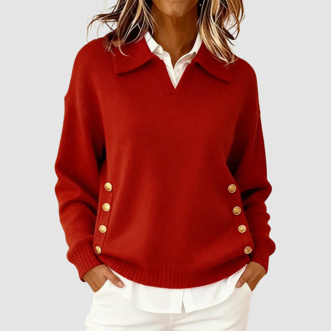 Alina - Women's Knit Sweater with Structured Collar and Side Button Details