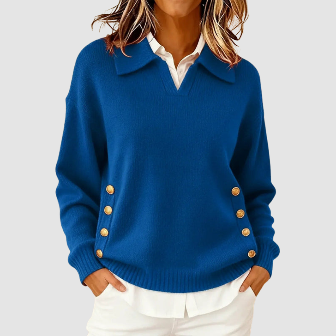 Alina - Women's Knit Sweater with Structured Collar and Side Button Details