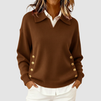 Alina - Women's Knit Sweater with Structured Collar and Side Button Details