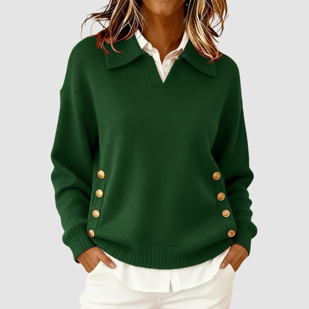 Alina - Women's Knit Sweater with Structured Collar and Side Button Details