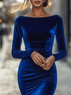 Angelica- Women's Velvet Bodycon Midi Dress with Boat Neckline