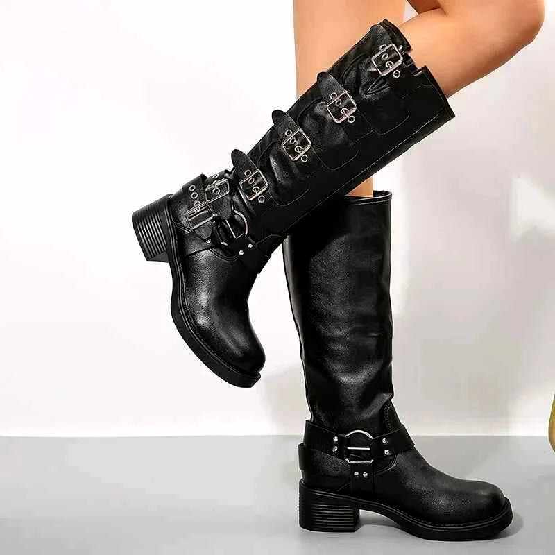 Anita - Women's Buckle Strap Knee-High Block Heel Boots 1