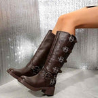 Anita - Women's Buckle Strap Knee-High Block Heel Boots 2