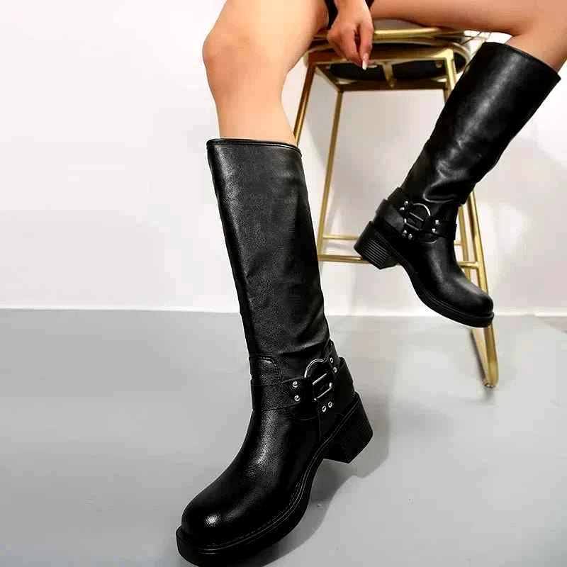 Anita - Women's Buckle Strap Knee-High Block Heel Boots 4
