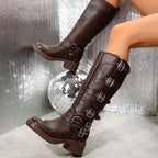 Anita - Women's Buckle Strap Knee-High Block Heel Boots 5