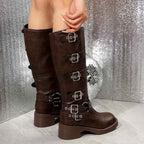 Anita - Women's Buckle Strap Knee-High Block Heel Boots 6
