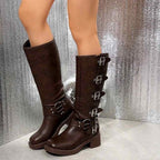 Anita - Women's Buckle Strap Knee-High Block Heel Boots 7