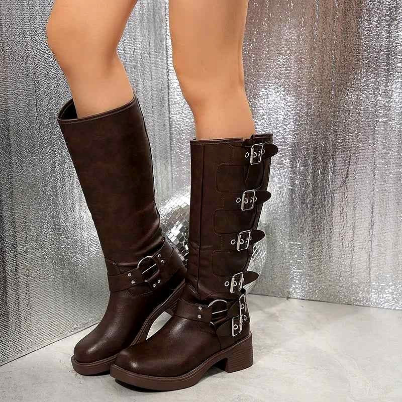 Anita - Women's Buckle Strap Knee-High Block Heel Boots 7