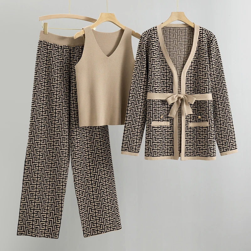 Aria - Women's 3-Piece Geometric Knit Set with Tie-Waist Cardigan