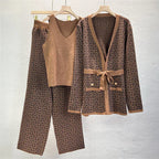 Aria - Women's 3-Piece Geometric Knit Set with Tie-Waist Cardigan