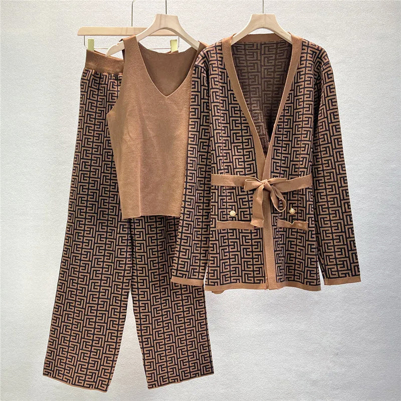 Aria - Women's 3-Piece Geometric Knit Set with Tie-Waist Cardigan