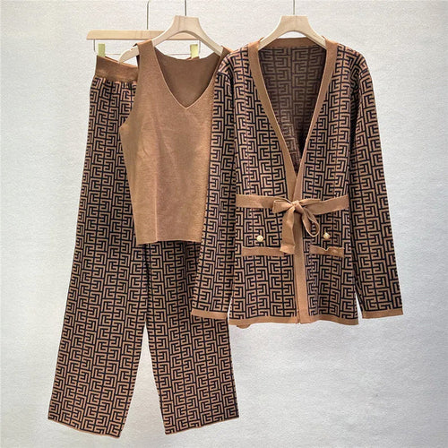 Aria - Women's 3-Piece Geometric Knit Set with Tie-Waist Cardigan