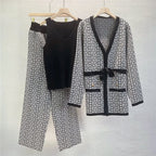 Aria - Women's 3-Piece Geometric Knit Set with Tie-Waist Cardigan