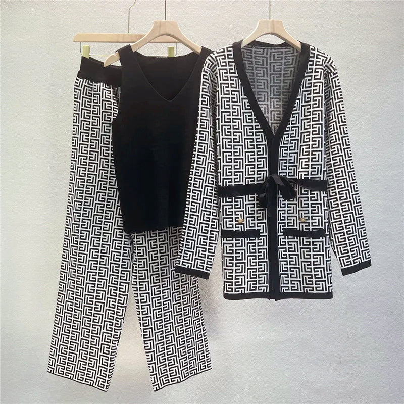 Aria - Women's 3-Piece Geometric Knit Set with Tie-Waist Cardigan