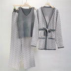 Aria - Women's 3-Piece Geometric Knit Set with Tie-Waist Cardigan