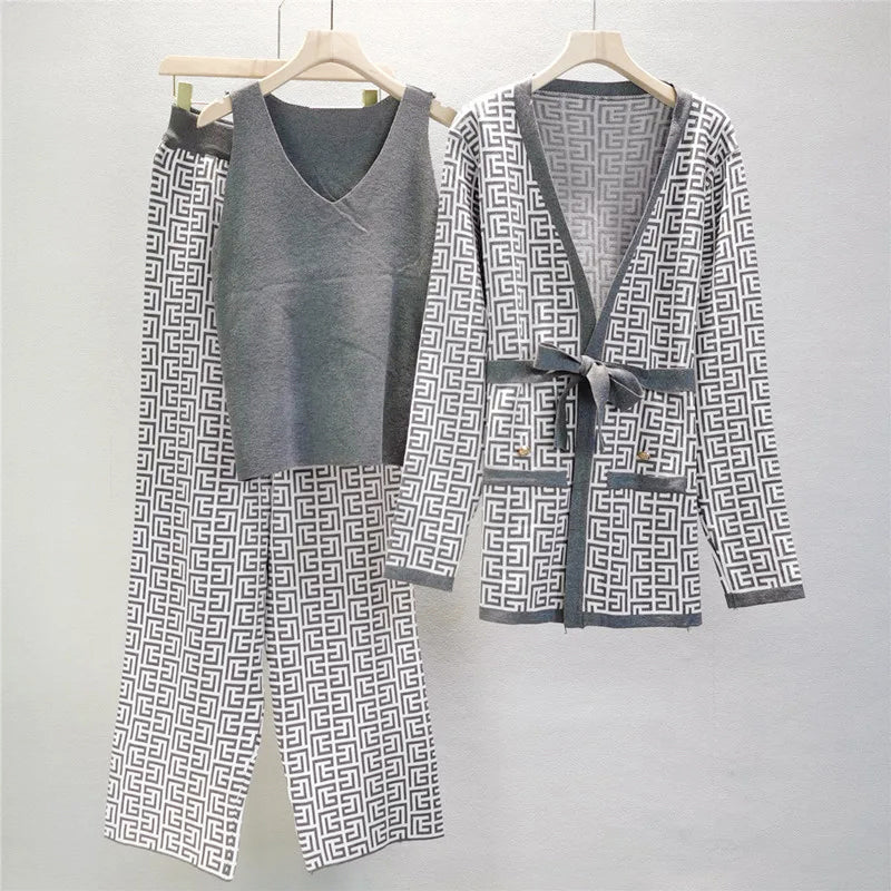 Aria - Women's 3-Piece Geometric Knit Set with Tie-Waist Cardigan