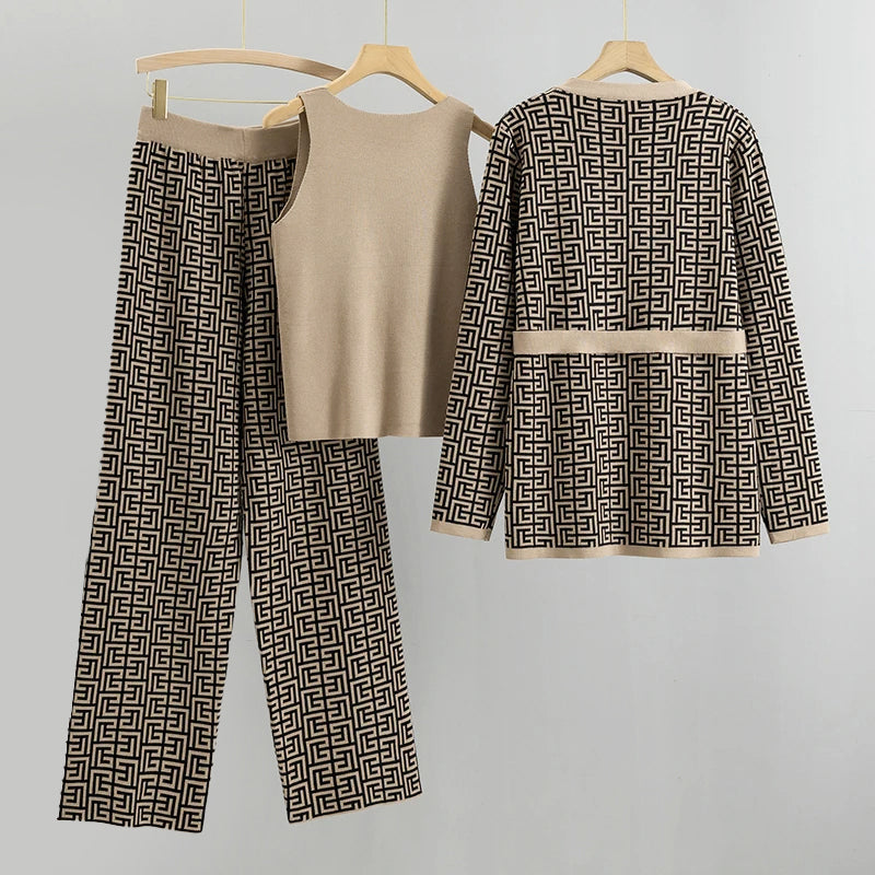 Aria - Women's 3-Piece Geometric Knit Set with Tie-Waist Cardigan