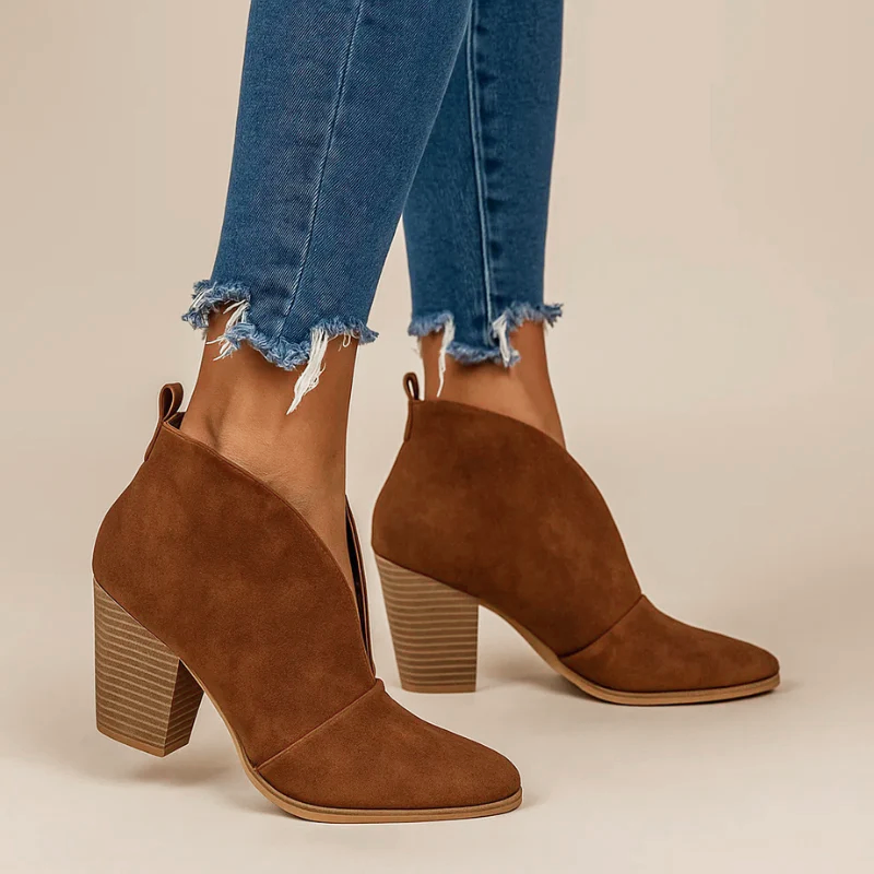 Ashanty - Women's Deep V-Cut Suede Ankle Boots