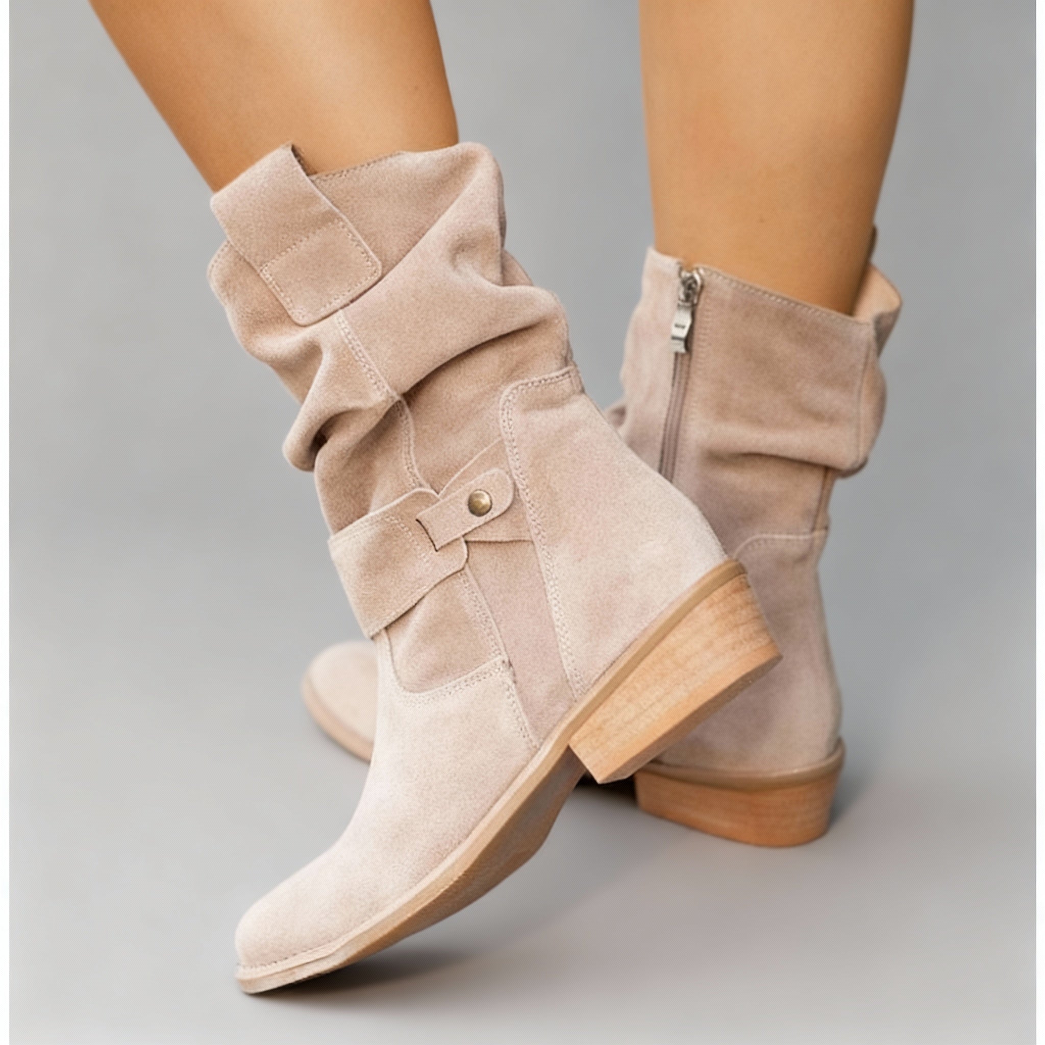Ava - Women's Suede Slouch Bootie with Buckle Detail