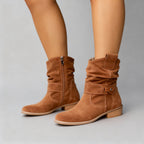 Ava - Women's Suede Slouch Bootie with Buckle Detail