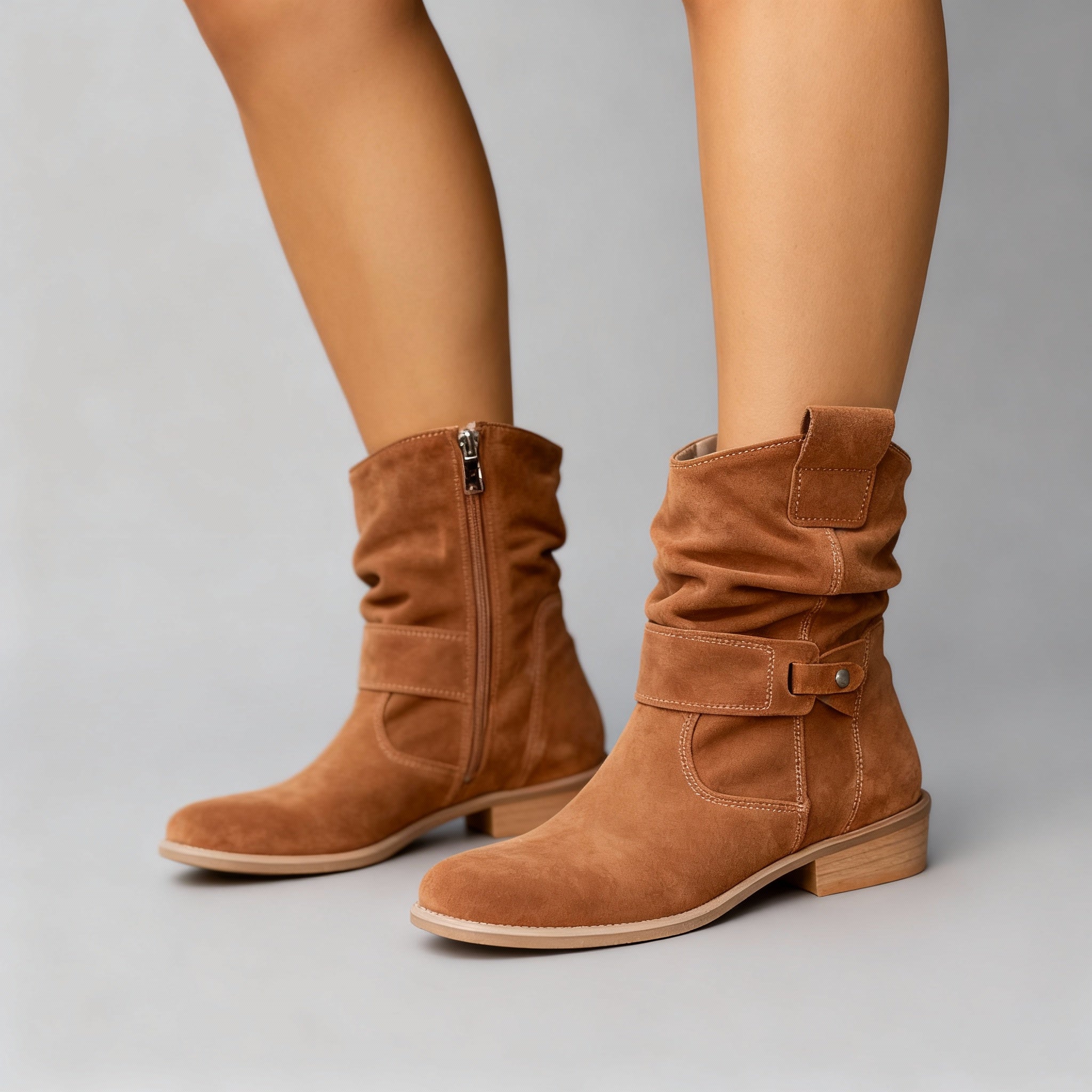 Ava - Women's Suede Slouch Bootie with Buckle Detail