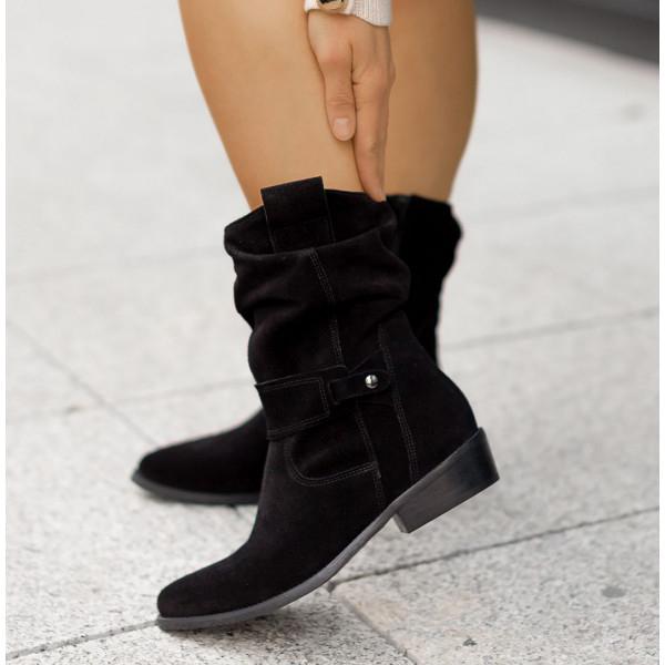 Ava - Women's Suede Slouch Bootie with Buckle Detail