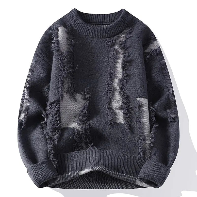 Bentley - Men's Distressed Crew Sweater with Frayed Panel Detail