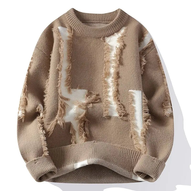 Bentley - Men's Distressed Crew Sweater with Frayed Panel Detail