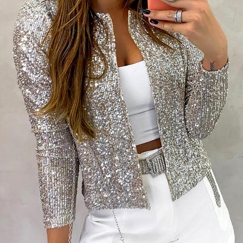 Bianca - Women's Sequined Collarless Fitted Blazer Jacket 3