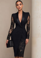 Calista - Women's Shawl Collar Blazer Dress with Lace Sleeves