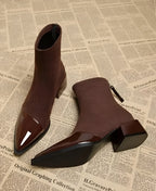 Camila - Women's Suede Ankle Boots with Glossy Toe Cap and Block Heel