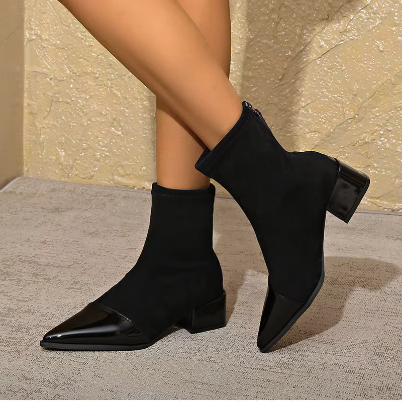 Camila - Women's Suede Ankle Boots with Glossy Toe Cap and Block Heel
