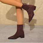 Camila - Women's Suede Ankle Boots with Glossy Toe Cap and Block Heel