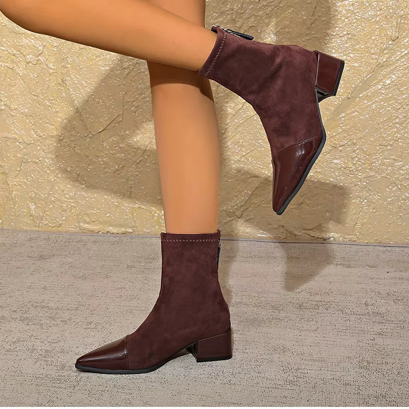 Camila - Women's Suede Ankle Boots with Glossy Toe Cap and Block Heel