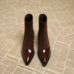 Camila - Women's Suede Ankle Boots with Glossy Toe Cap and Block Heel