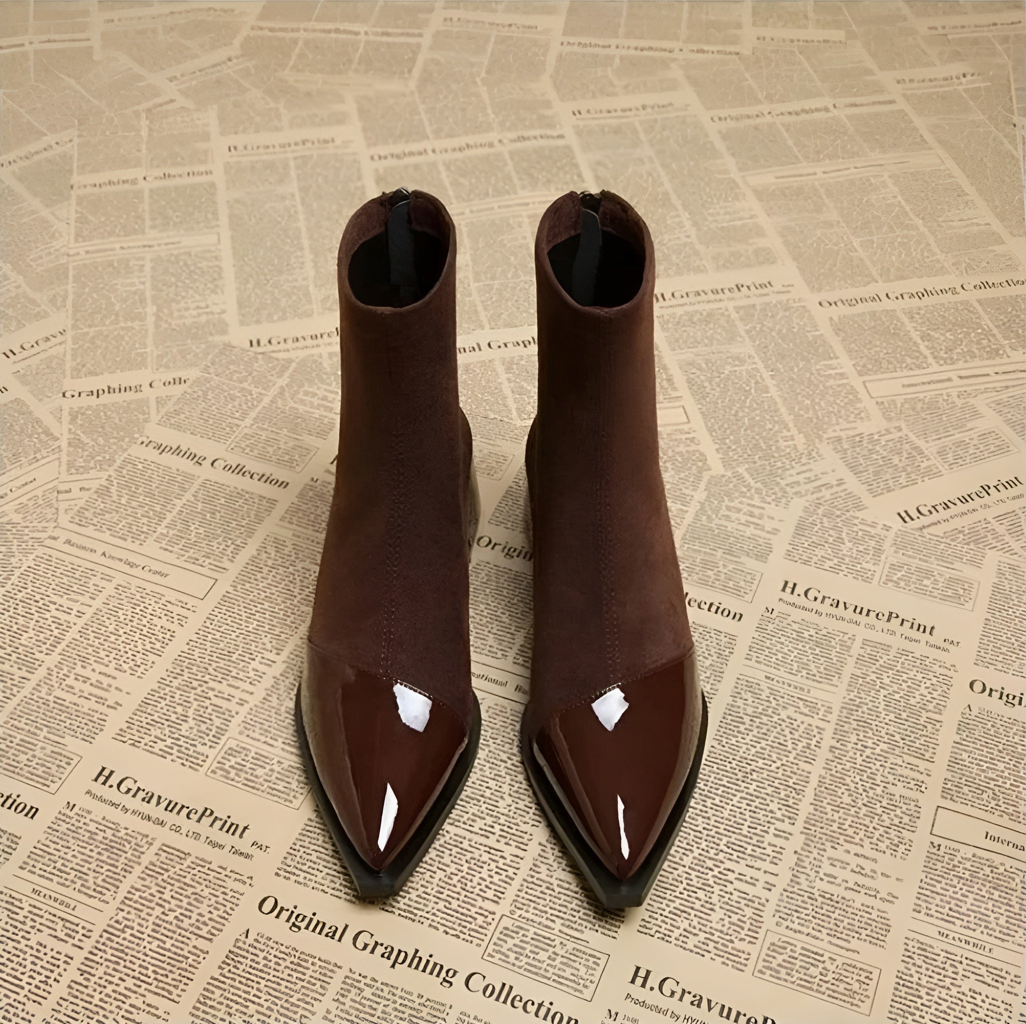 Camila - Women's Suede Ankle Boots with Glossy Toe Cap and Block Heel