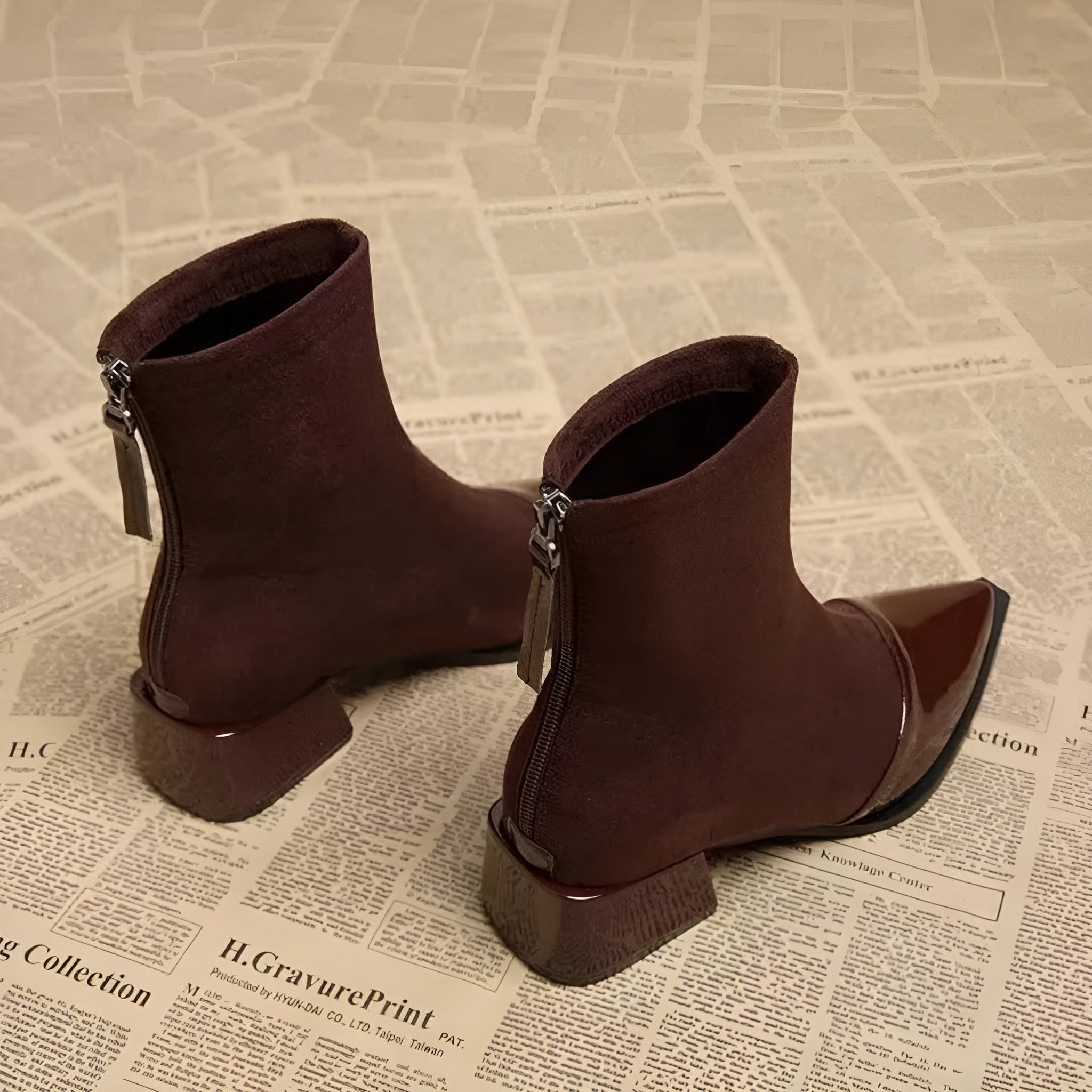 Camila - Women's Suede Ankle Boots with Glossy Toe Cap and Block Heel