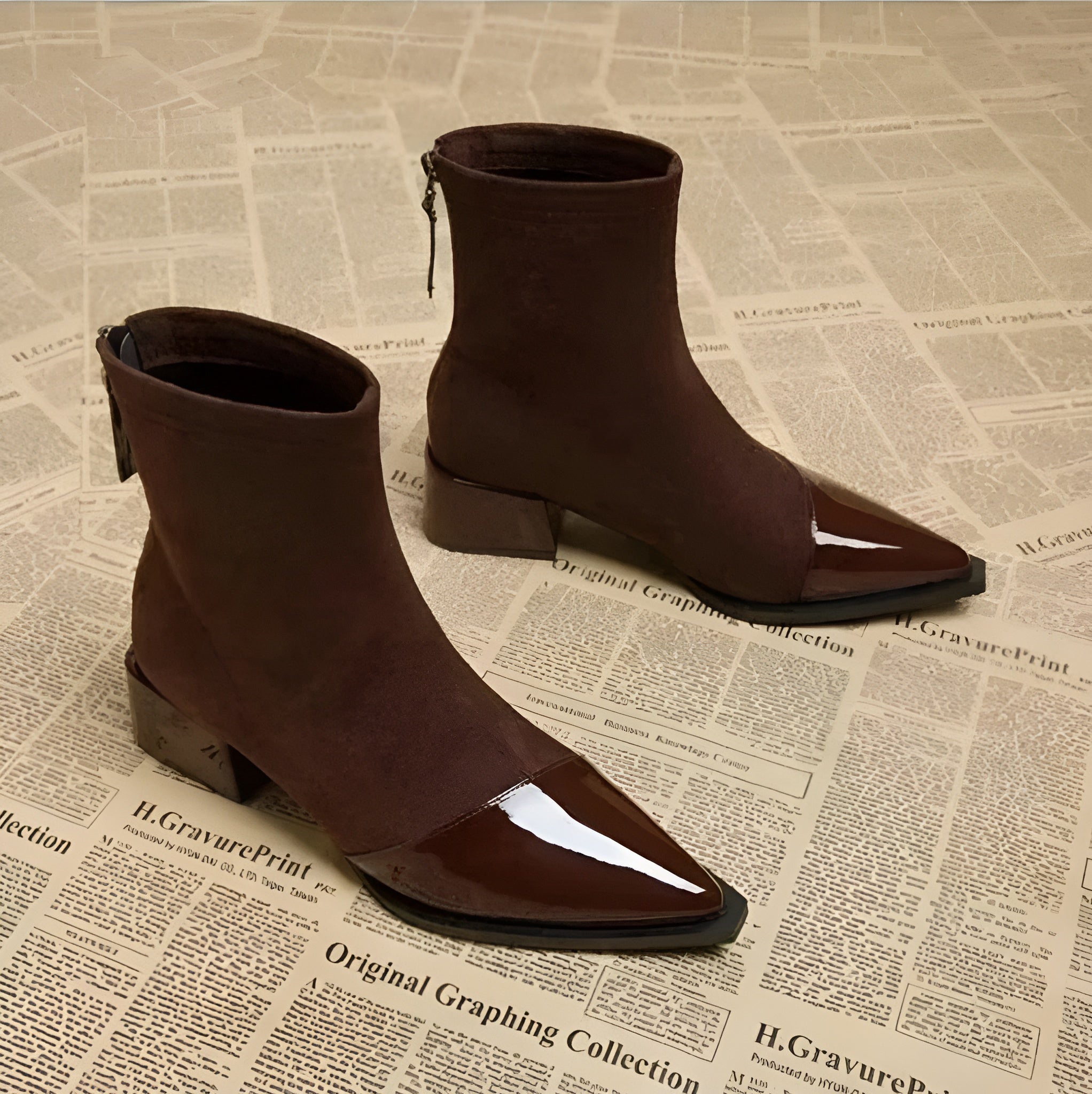 Camila - Women's Suede Ankle Boots with Glossy Toe Cap and Block Heel