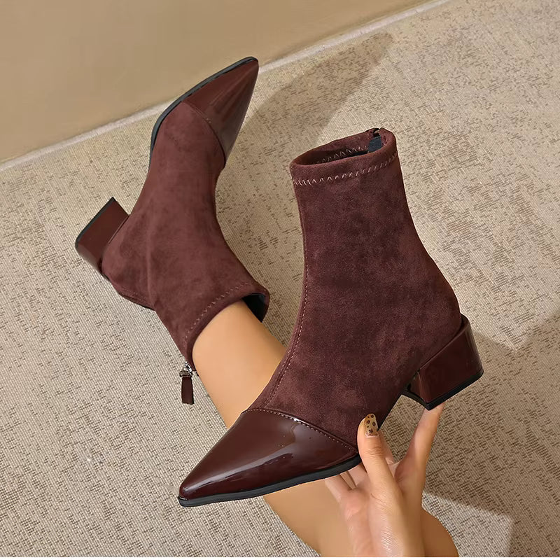 Camila - Women's Suede Ankle Boots with Glossy Toe Cap and Block Heel