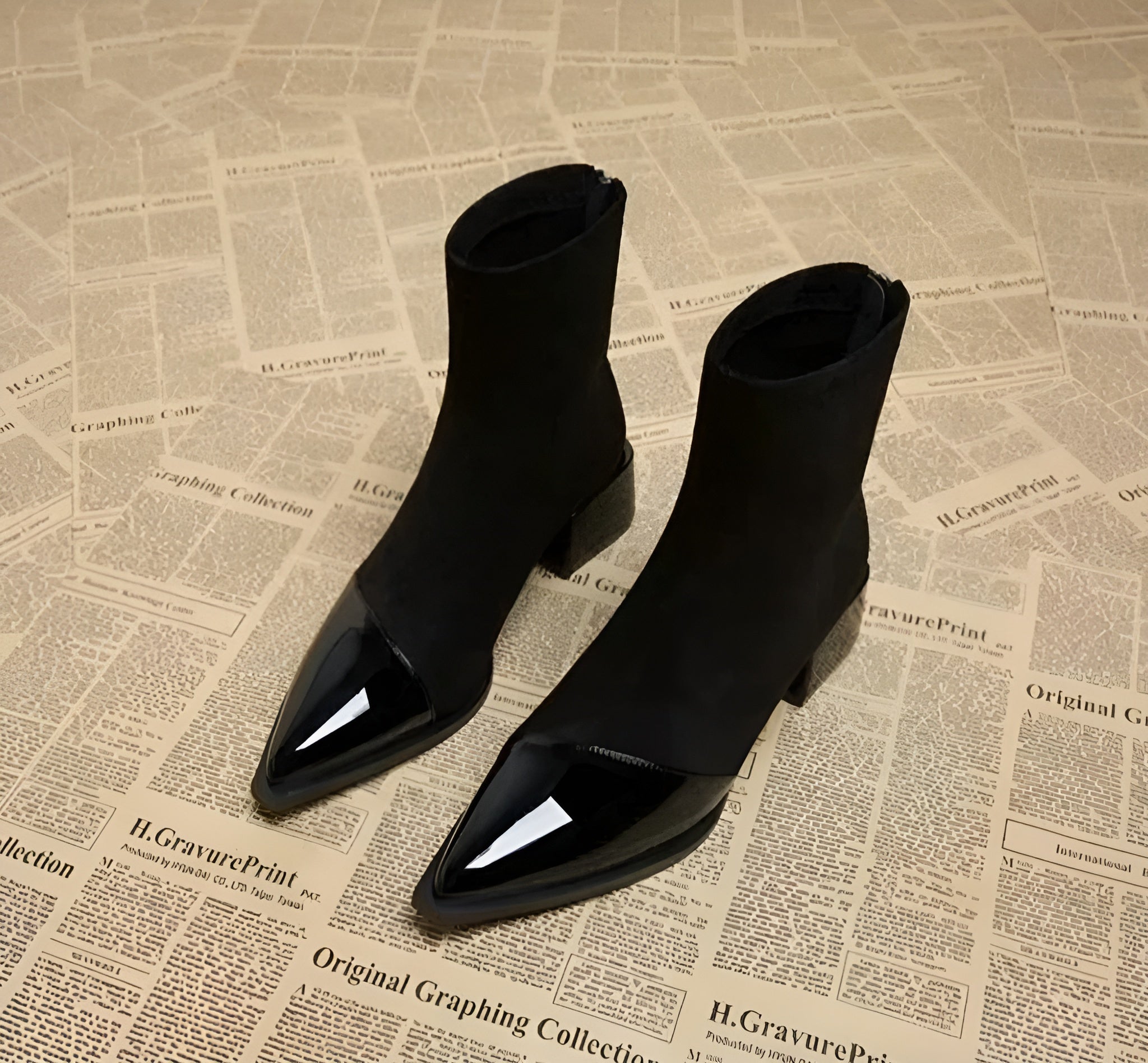 Camila - Women's Suede Ankle Boots with Glossy Toe Cap and Block Heel