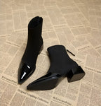 Camila - Women's Suede Ankle Boots with Glossy Toe Cap and Block Heel