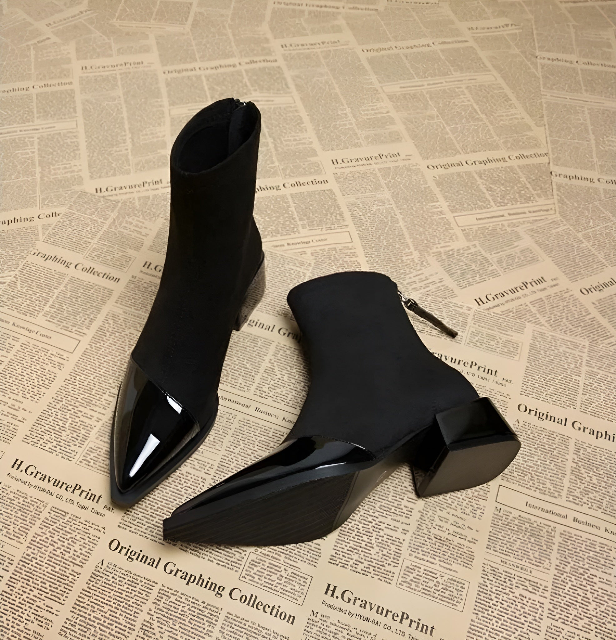 Camila - Women's Suede Ankle Boots with Glossy Toe Cap and Block Heel