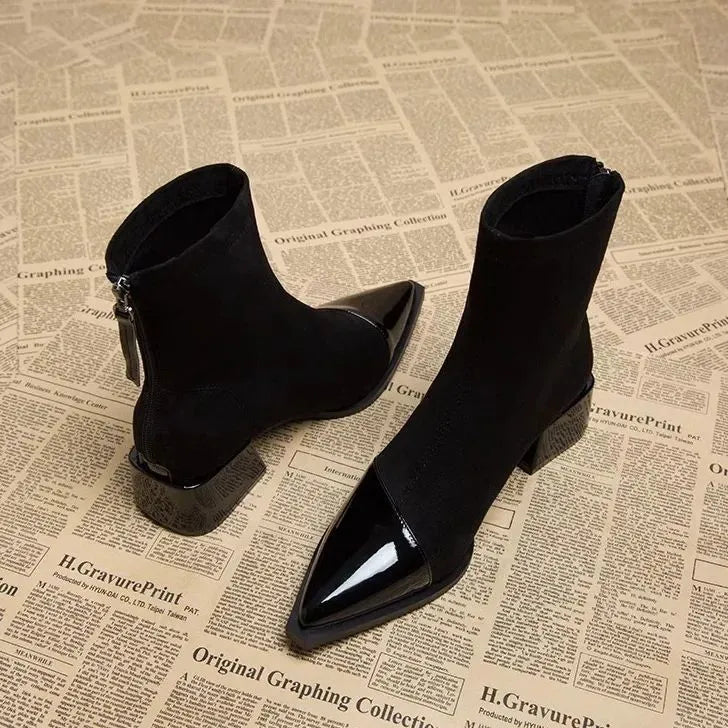Camila - Women's Suede Ankle Boots with Glossy Toe Cap and Block Heel