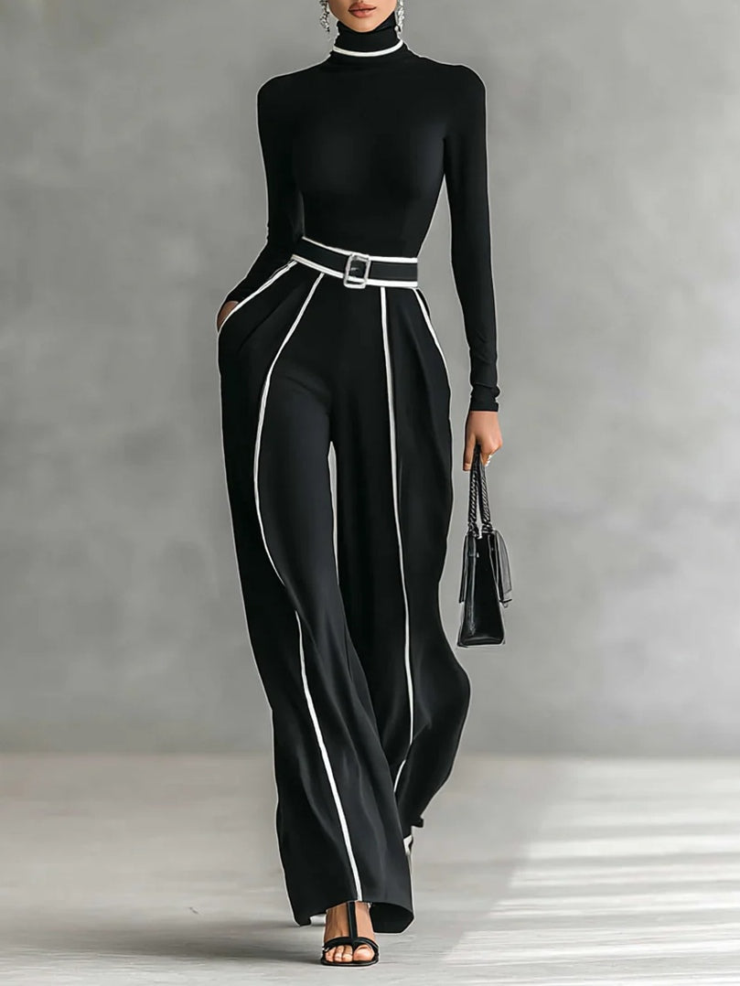 Capri - Women's Turtleneck Top & Wide-Leg Piped Pants Set