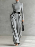 Capri - Women's Turtleneck Top & Wide-Leg Piped Pants Set