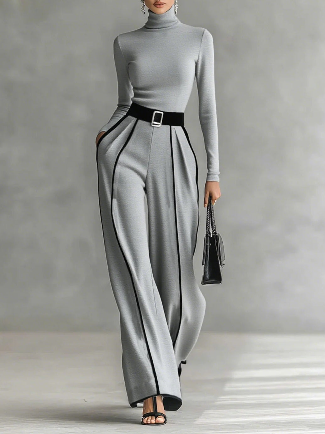 Capri - Women's Turtleneck Top & Wide-Leg Piped Pants Set